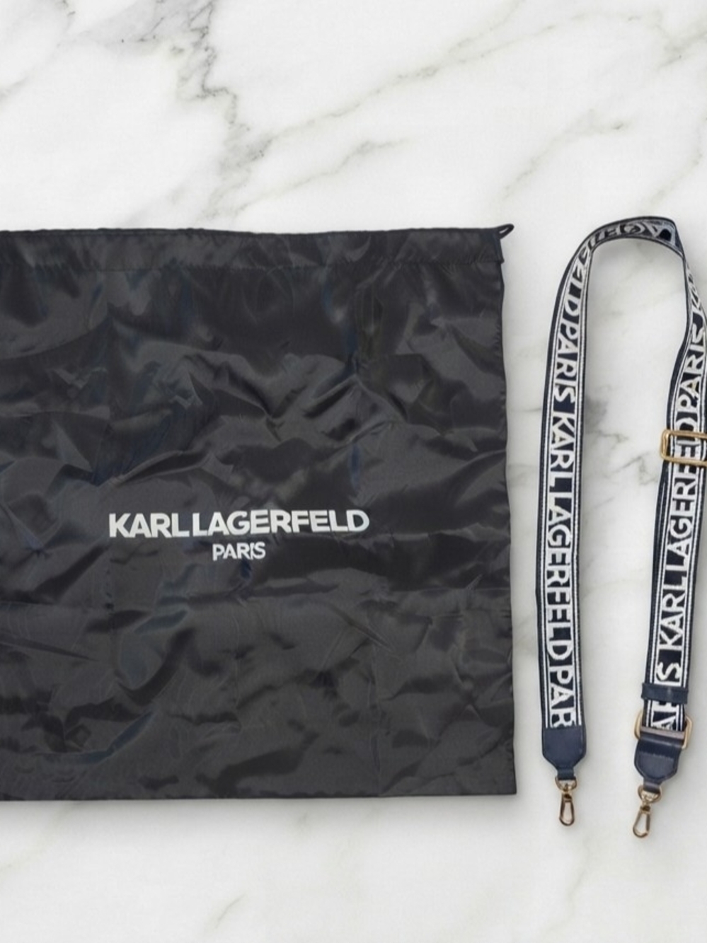 Karl Lagerfeld Navy and White Logo Adjustable Crossbody Strap And Dust Bag